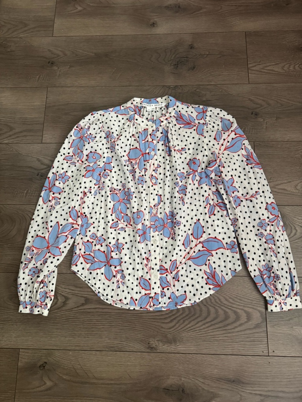 Veronica Beard Button-Front Floral & Polka Dot Women’s Sz 00 Silk Shirt
